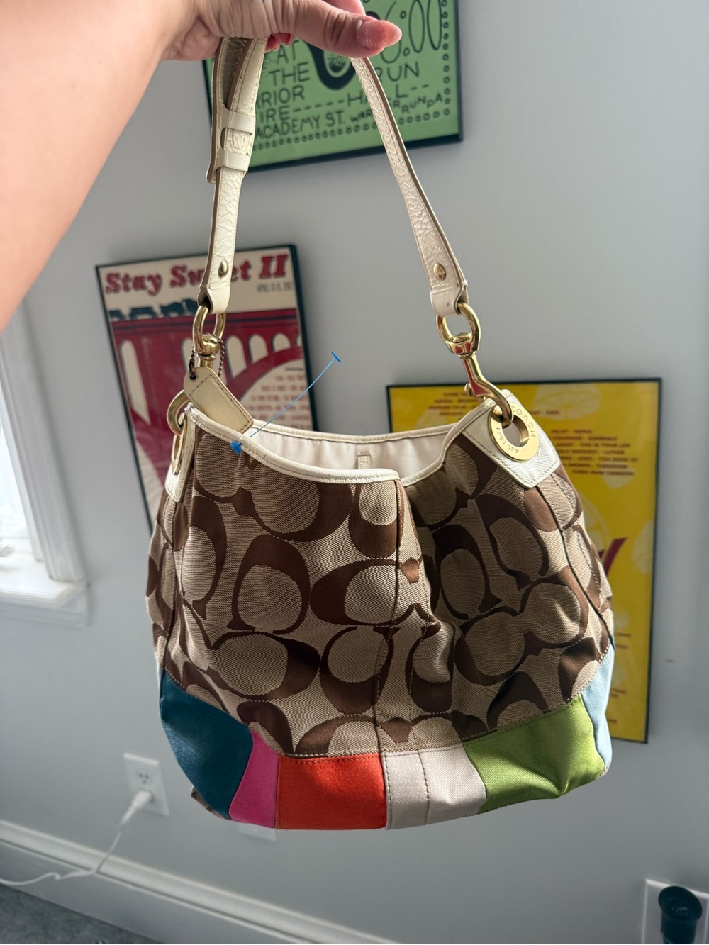 Coach Brown Signature Canvas Shoulder Bag with Multicolor Patchwork